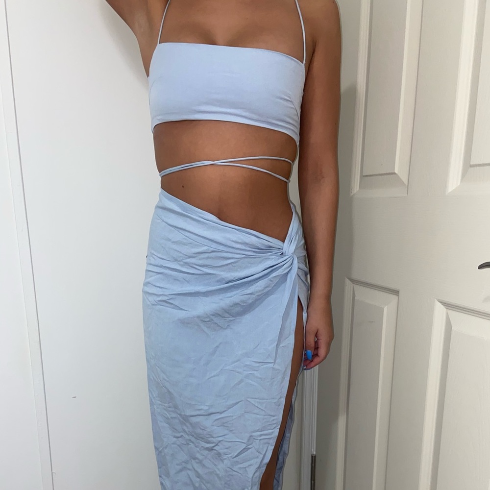 Blue two piece set high slit